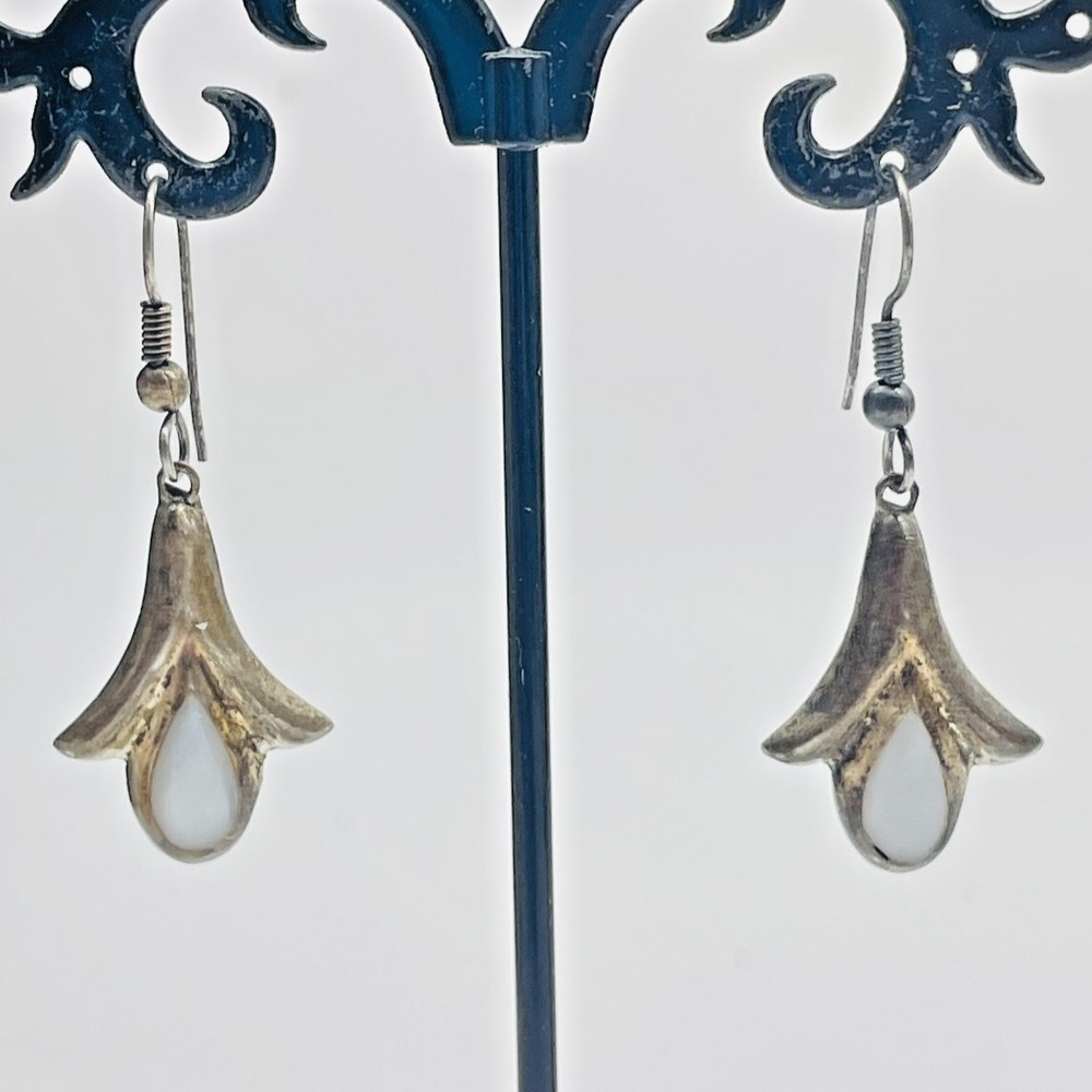 925 Sterling Silver Floral Teardrop Earrings with mother of pearl  Inlay